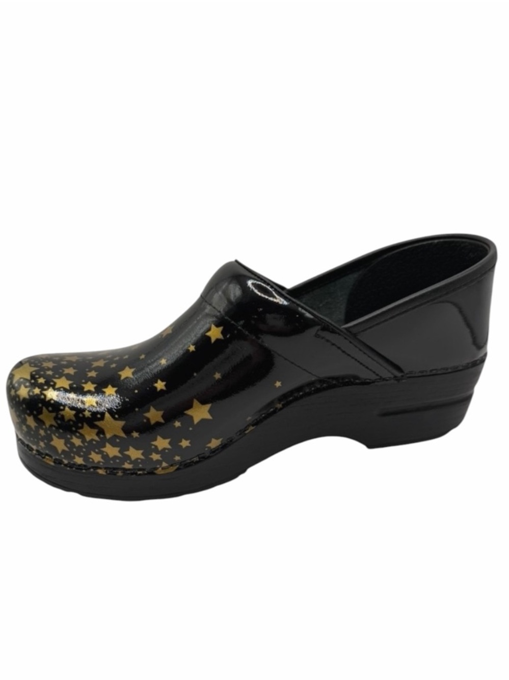 Dansko Professional Clogs Women 8 Black Gold Falling Stars Patent Leather Ortho